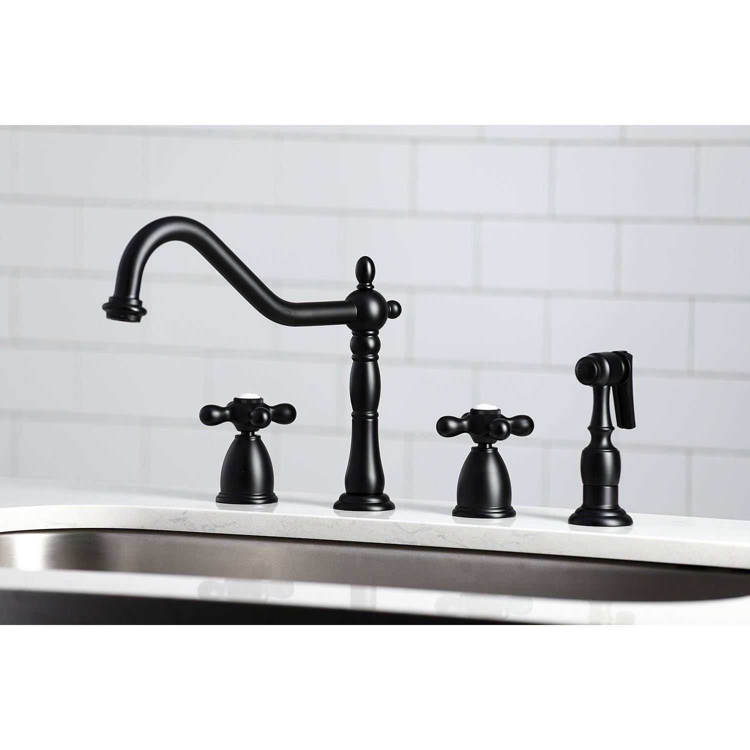 Kingston Brass KB1793AXBS Heritage Double-Handle Widespread Kitchen Faucet with Brass Sprayer, Antique Brass