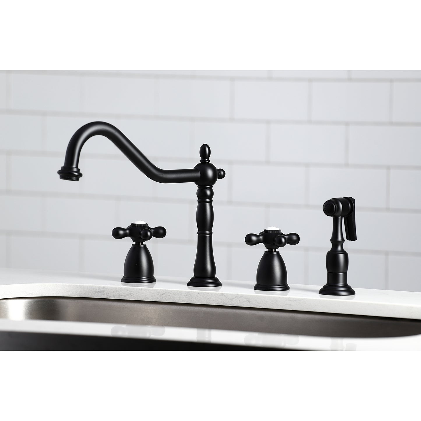Kingston Brass KB1793AXBS Heritage Double-Handle Widespread Kitchen Faucet with Brass Sprayer, Antique Brass
