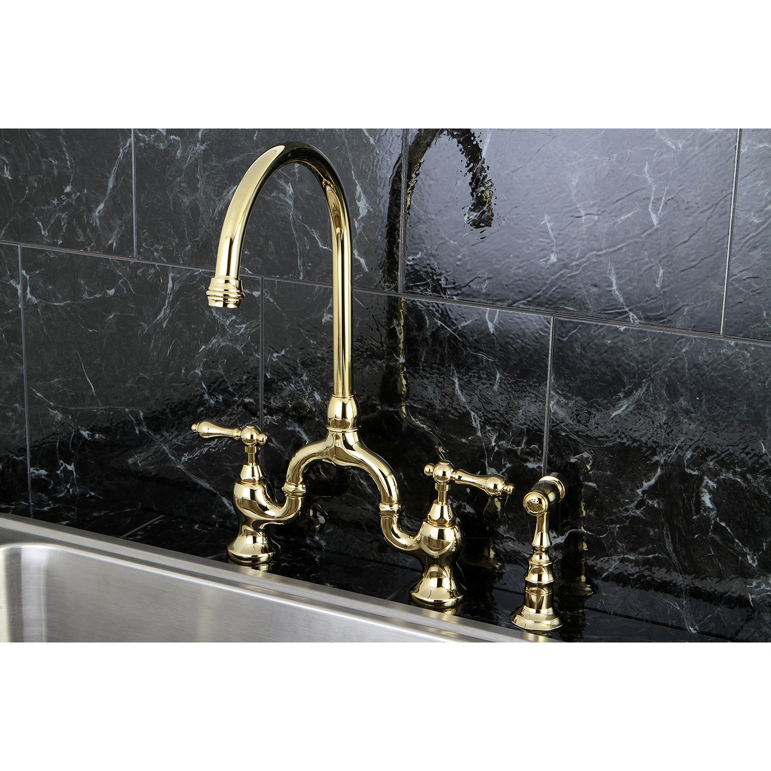 Kingston KS7793ALBS English Country Bridge Kitchen Faucet with Brass Sprayer, Antique Brass on black marble countertop.