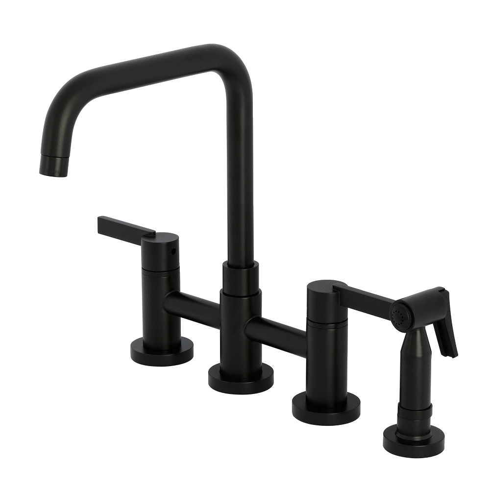 Kingston KS8287CTLBS Continental Bridge Kitchen Faucet with Brass Sprayer, Brushed Brass in Matte Black finish