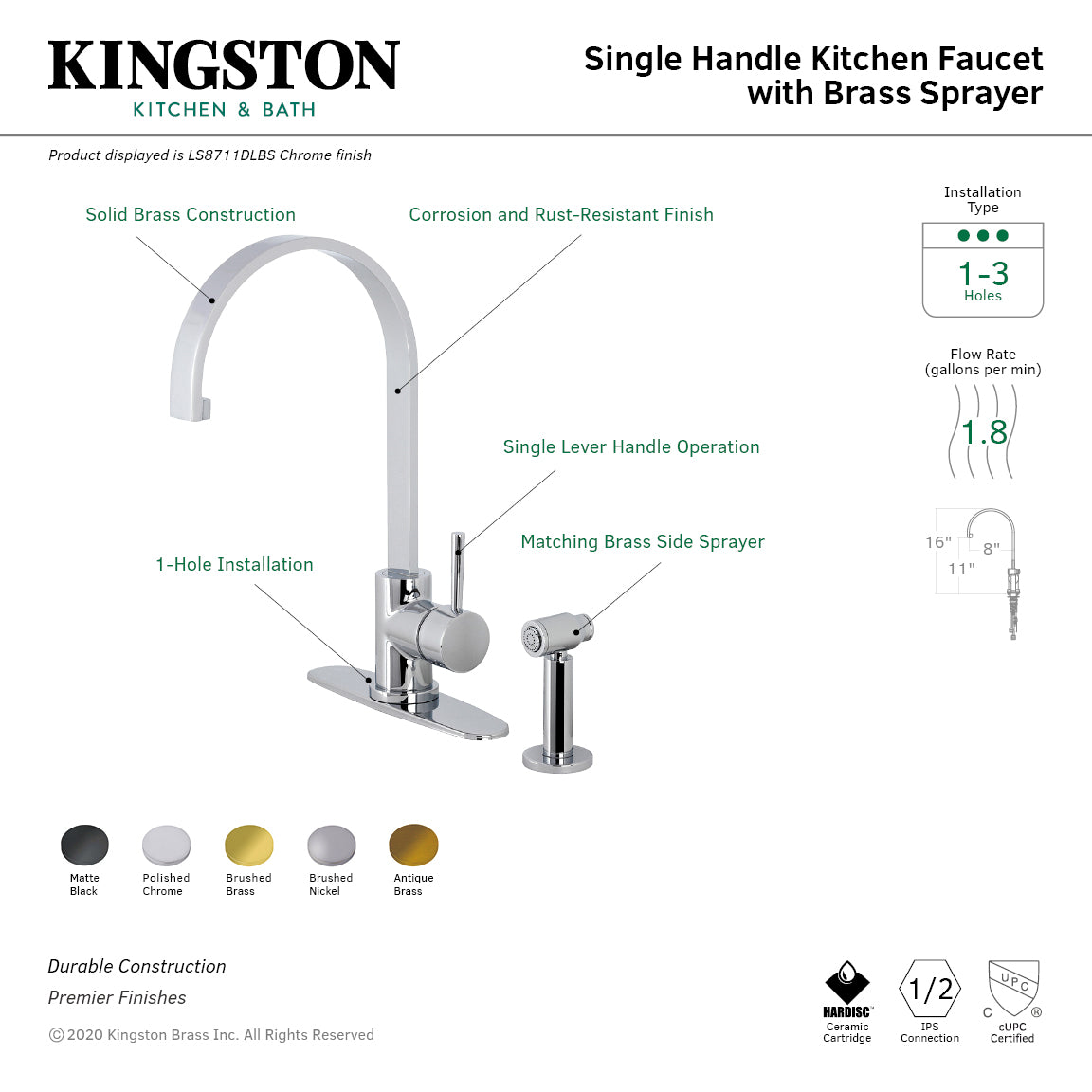 Kingston Brass LS8713DLBS Concord Kitchen Faucet with Brass Side Sprayer
