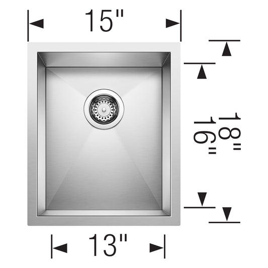BLANCO Precision R0 15" Undermount Stainless Steel Bar Sink with zero-radius design and dimensions outlined.
