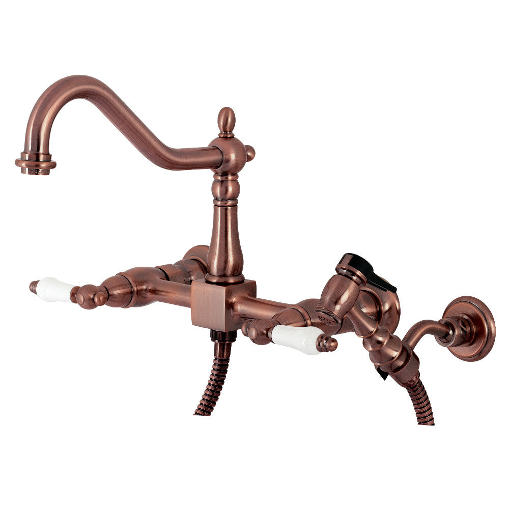 Kingston KS1243PLBS Heritage Two-Handle Wall Mount Bridge Kitchen Faucet with Brass Sprayer, Antique Brass