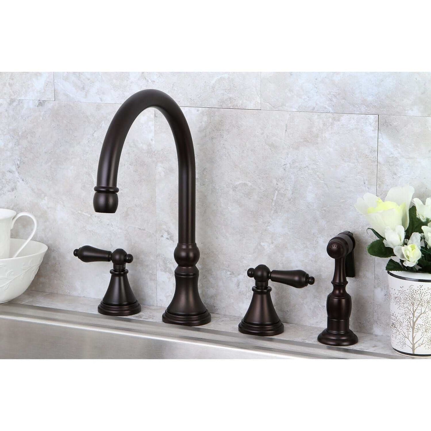 KINGSTON Brass Widespread Kitchen Faucet with Side Sprayer - KS2798ALBS in dark bronze finish, showcasing elegant curves.