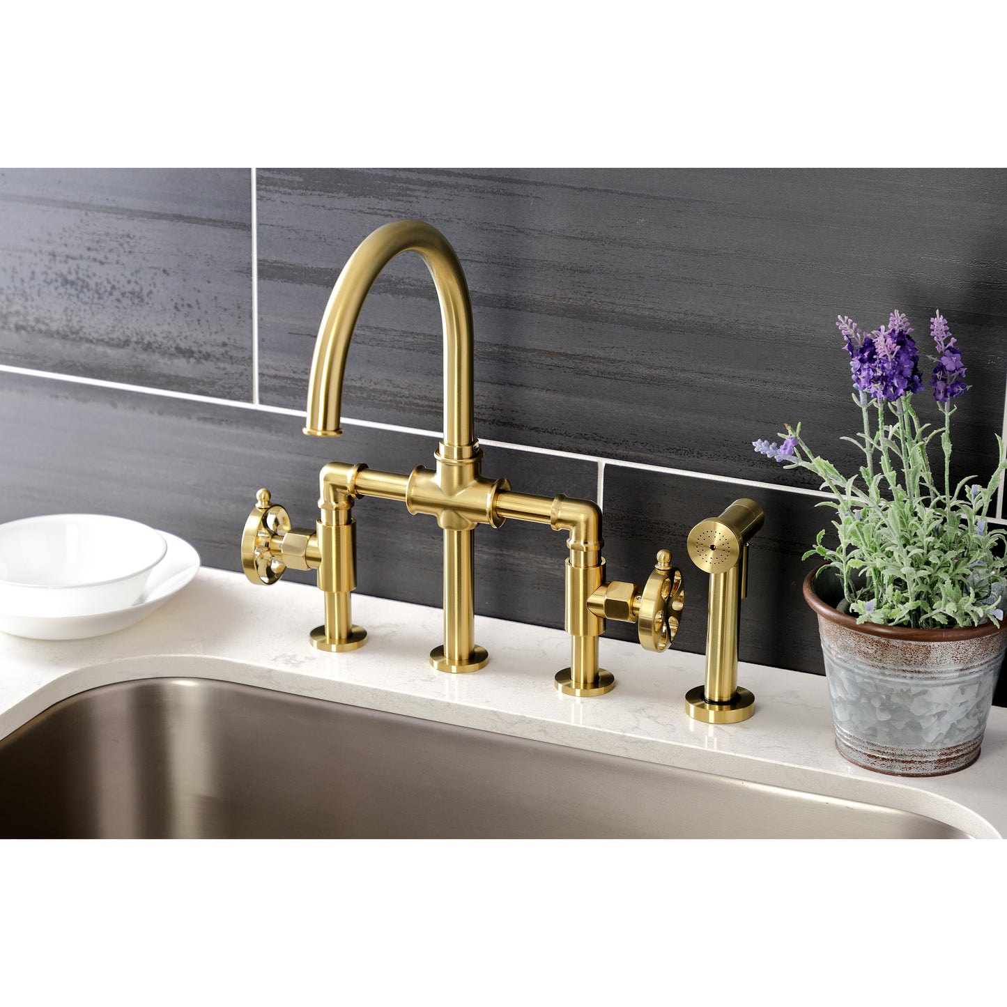 Kingston KS2333RX Belknap Industrial Style Bridge Kitchen Faucet with Brass Sprayer, Antique Brass