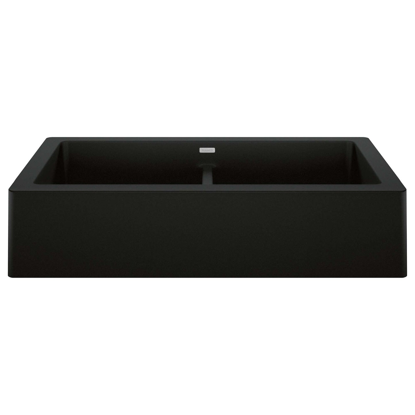 BLANCO VINTERA 33" SILGRANIT Double Bowl Farmhouse Sink in Coal Black, showcasing a contemporary farmhouse design.