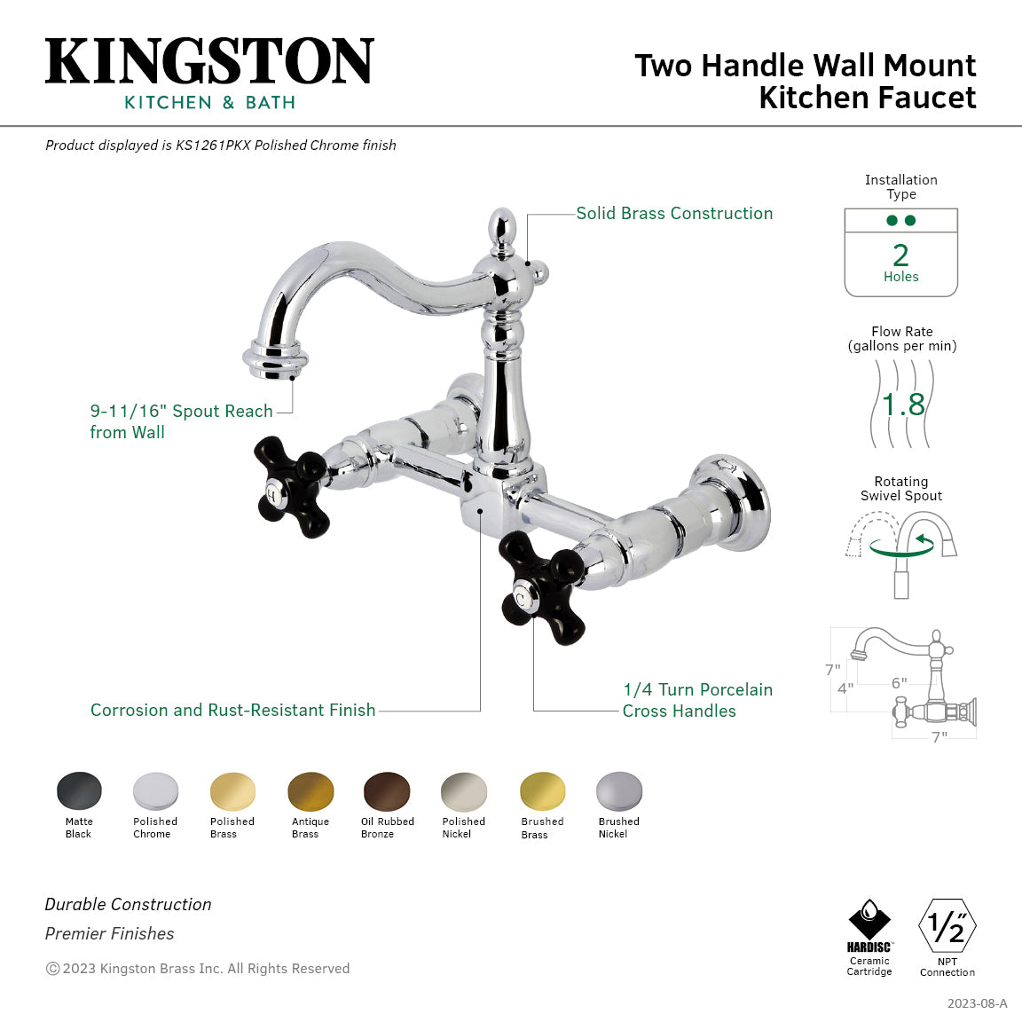 Kingston KS1263PKX Duchess Two-Handle Wall Mount Bridge Kitchen Faucet, Antique Brass with solid brass construction and black porcelain handles.