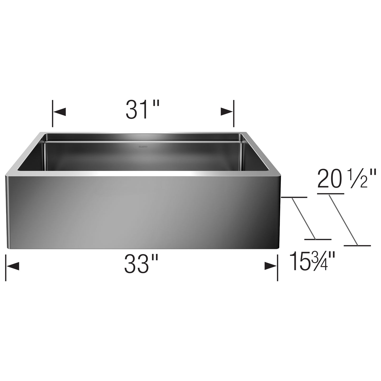 Dimensions of BLANCO Quatrus R15 Ergon 33" Single Bowl Apron-Front Stainless Steel Farmhouse Sink