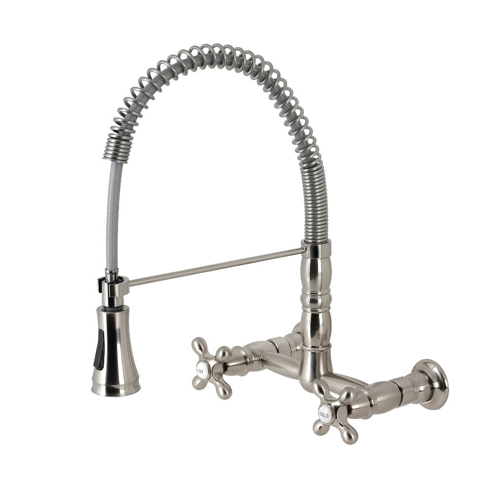 Gourmetier GS1243AX Heritage Double-Handle Wall-Mount Pre-Rinse Bridge Kitchen Faucet, Antique Brass, Brushed Nickel finish.