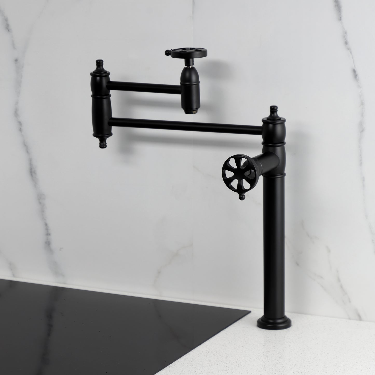 Kingston Brass KS3703RX Belknap Deck Mount Pot Filler Faucet, Antique Brass design with foldable swing arms.