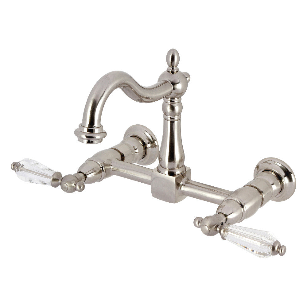 Kingston KS1263WLL Willshire Two-Handle Wall Mount Bridge Kitchen Faucet, Antique Brass with brushed nickel finish.