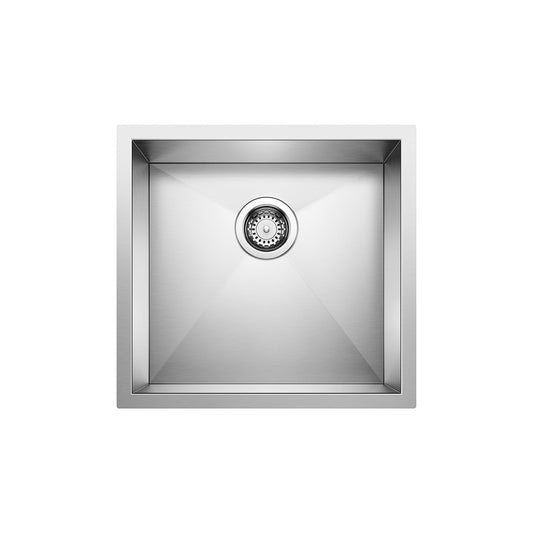 BLANCO Precision R0 19" Single Bowl Undermount Stainless Steel Kitchen Sink top view with drain.
