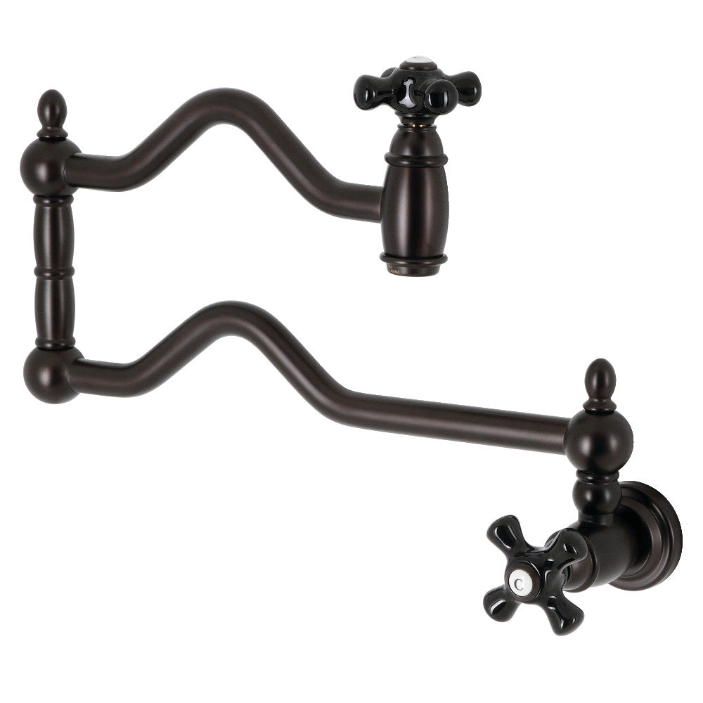 Kingston Brass KS2107PKX Duchess Wall Mount Pot Filler Faucet, Brushed Brass with black porcelain handles.