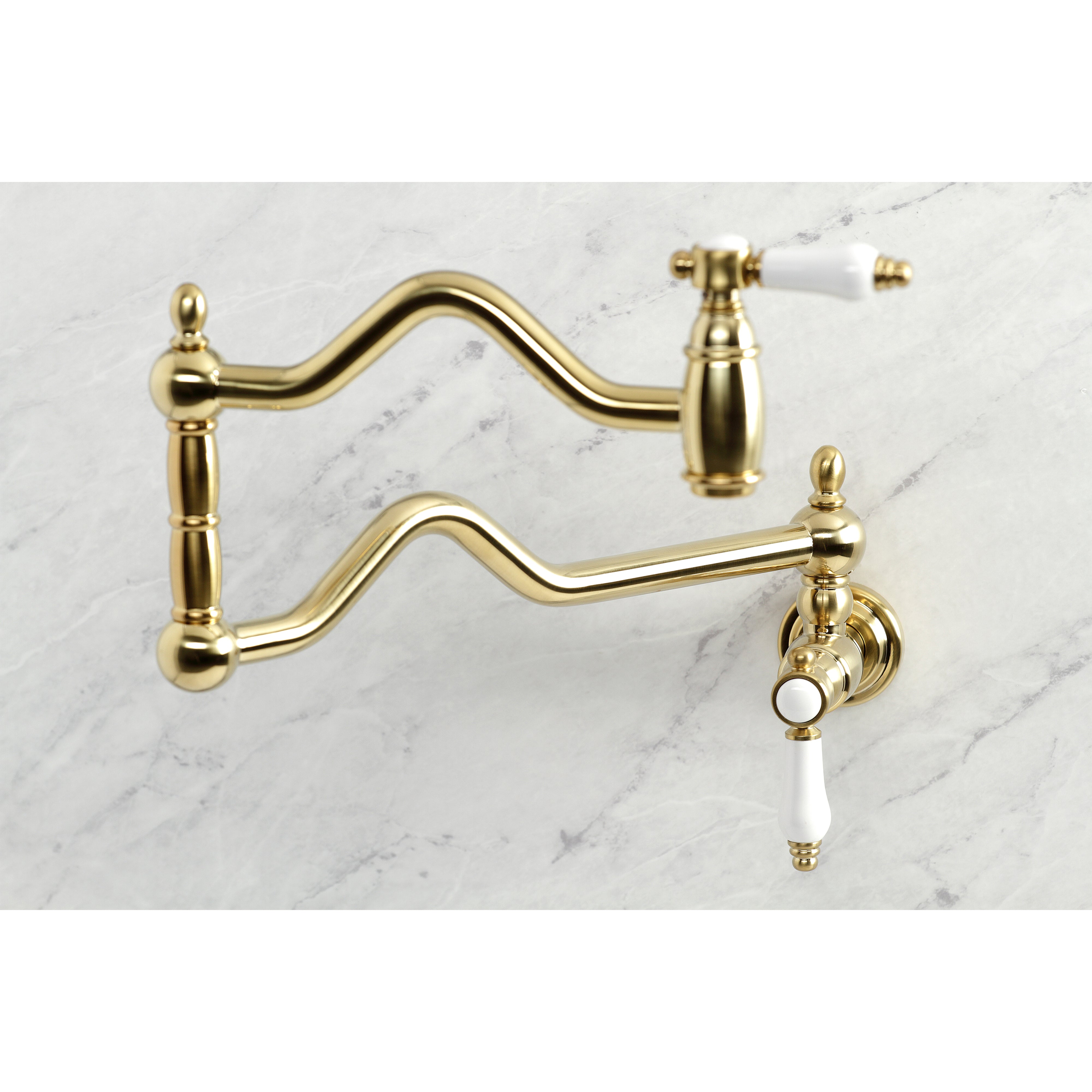 Kingston Brass KS2107BPL Bel-Air Wall Mount Pot Filler Faucet, Brushed Brass with white porcelain levers