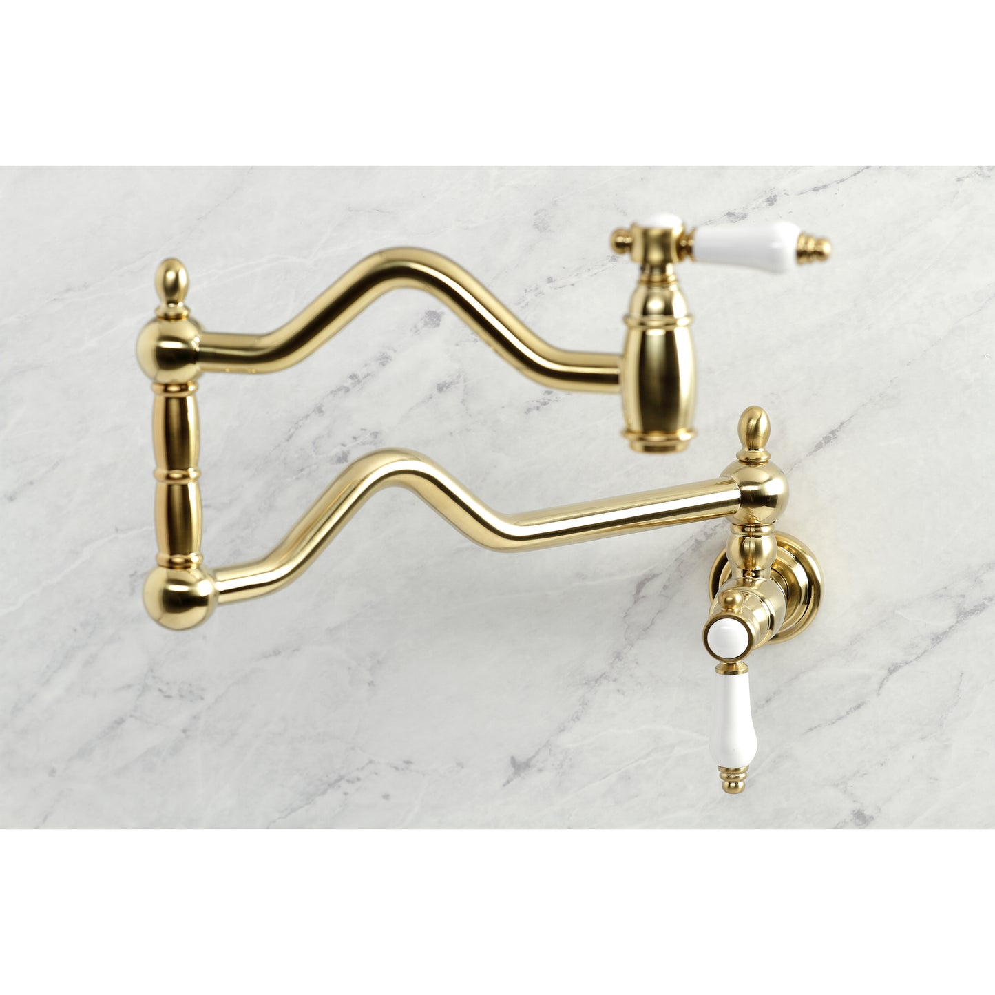 Kingston Brass KS2107BPL Bel-Air Wall Mount Pot Filler Faucet, Brushed Brass with white porcelain levers