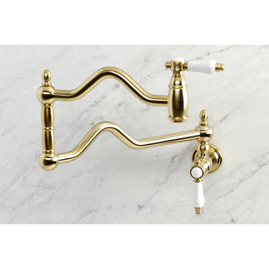 Kingston Brass KS2107BPL Bel-Air Wall Mount Pot Filler Faucet, Brushed Brass with white porcelain levers