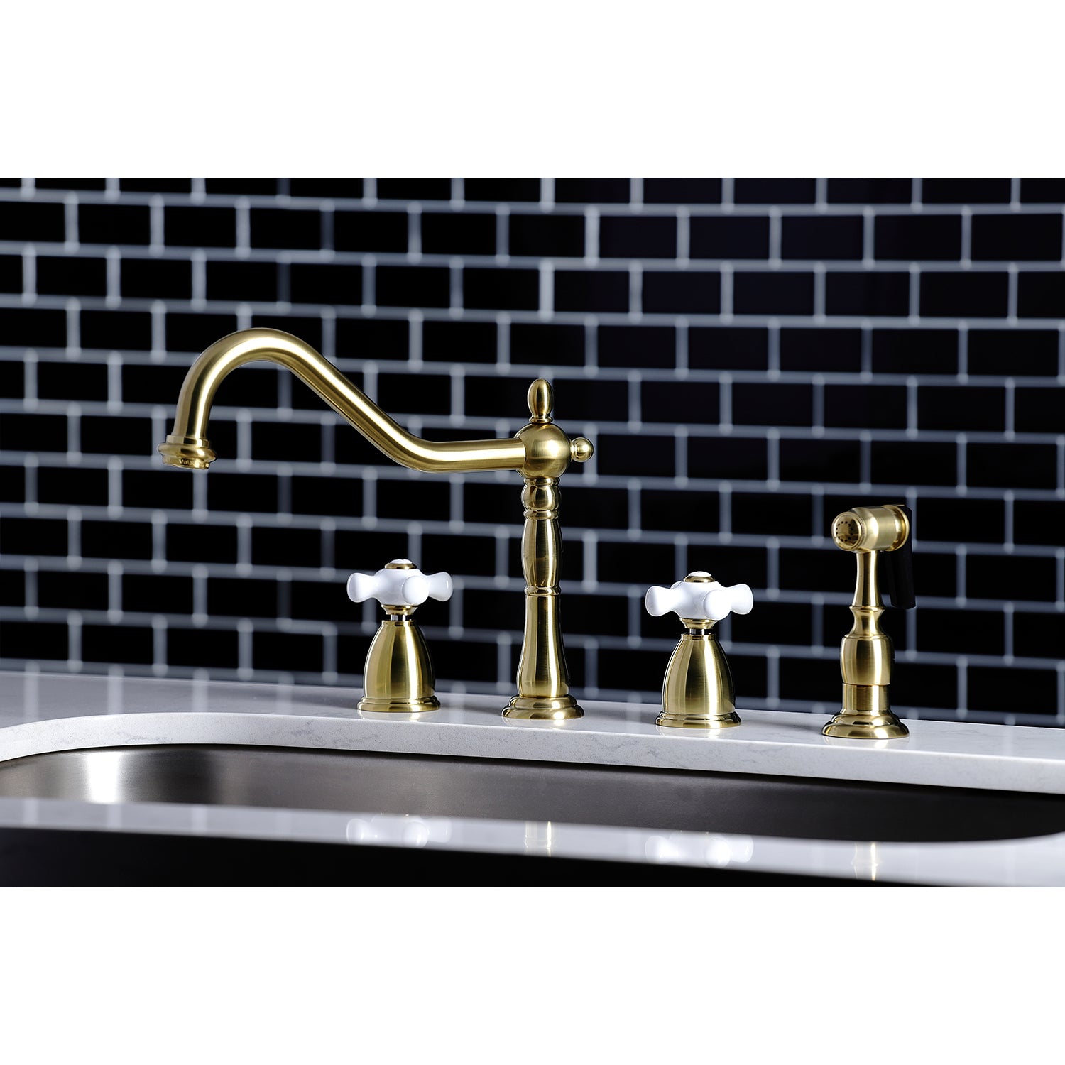 Kingston Brass KB1797PXBS Heritage Double-Handle Widespread Kitchen Faucet with Brass Sprayer, Brushed Brass