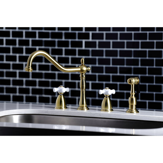 Kingston Brass KB1797PXBS Heritage Double-Handle Widespread Kitchen Faucet with Brass Sprayer, Brushed Brass