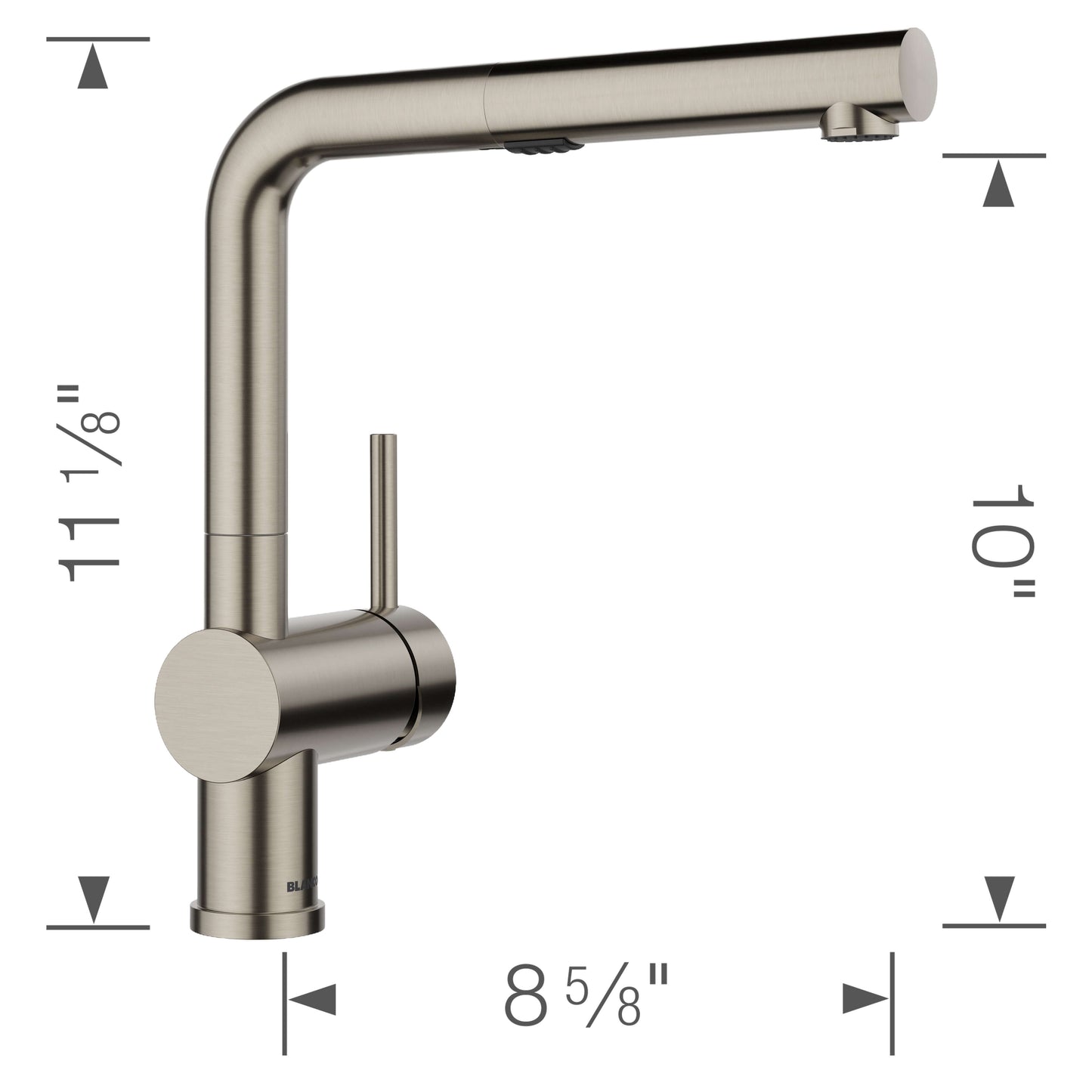 BLANCO Linus Low Arc Pull-Out Dual-Spray Kitchen Faucet - Satin Platinum with dimensions and sleek design.