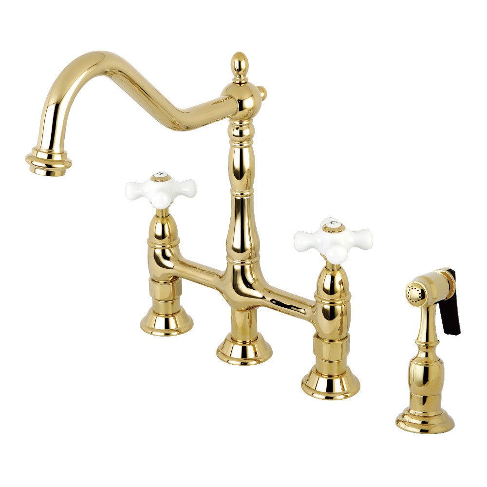 Kingston Brass Heritage Bridge Kitchen Faucet with Brass Sprayer and Cross Handles in polished brass finish