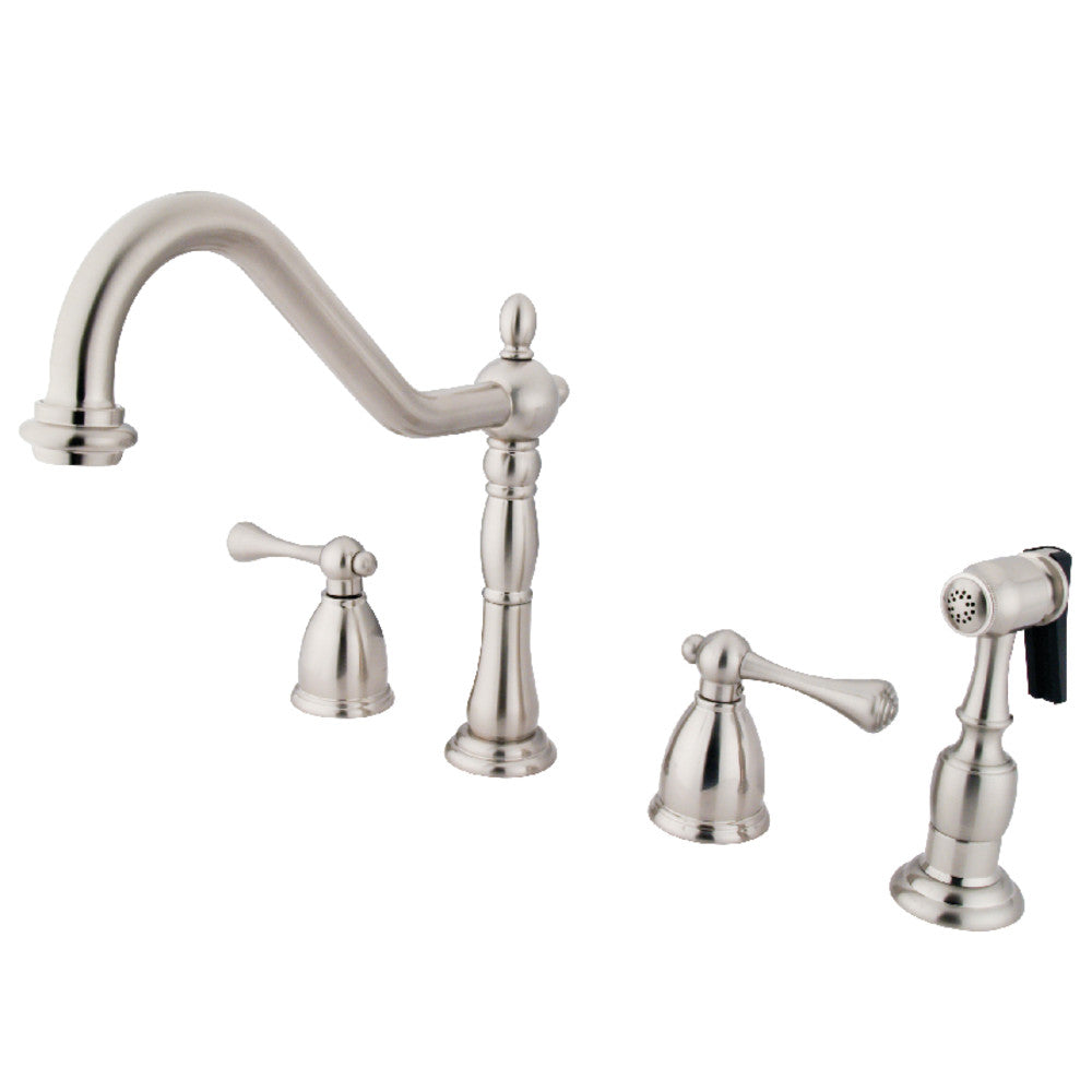 Kingston Brass KB1793BLBS Heritage Double-Handle Widespread Kitchen Faucet with Brass Sprayer, Antique Brass in brushed nickel finish
