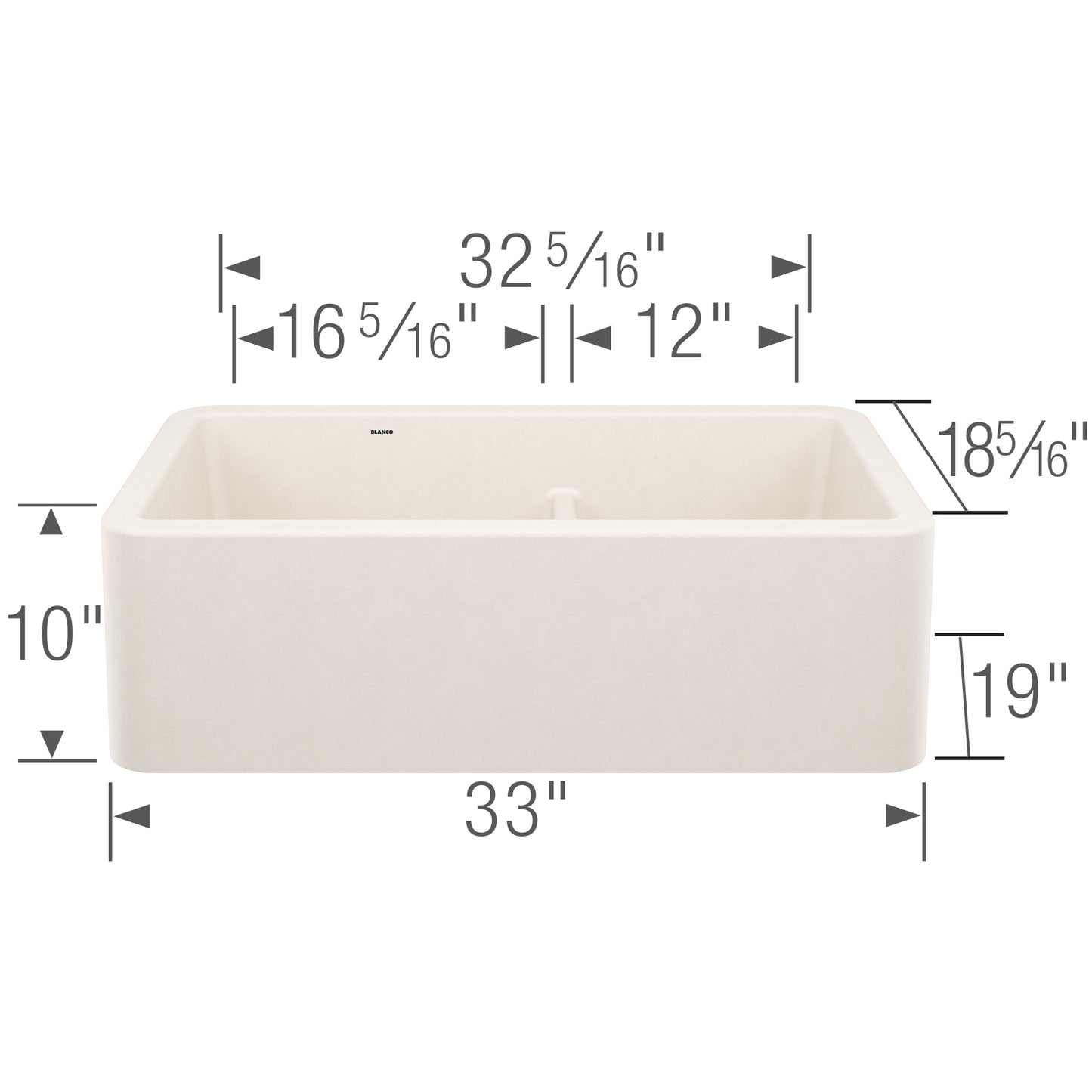 BLANCO Ikon SILGRANIT 33" Double Bowl Apron-Front Farmhouse Sink with Low Divide dimensions and design specifications.
