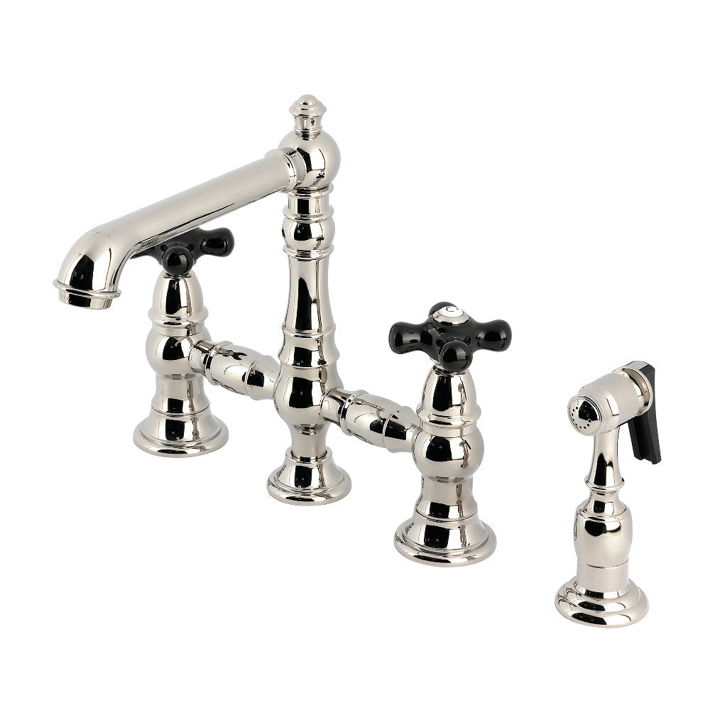 Kingston KS7277PKXBS Duchess Bridge Kitchen Faucet with Brass Sprayer, Brushed Brass design with polished nickel finish.
