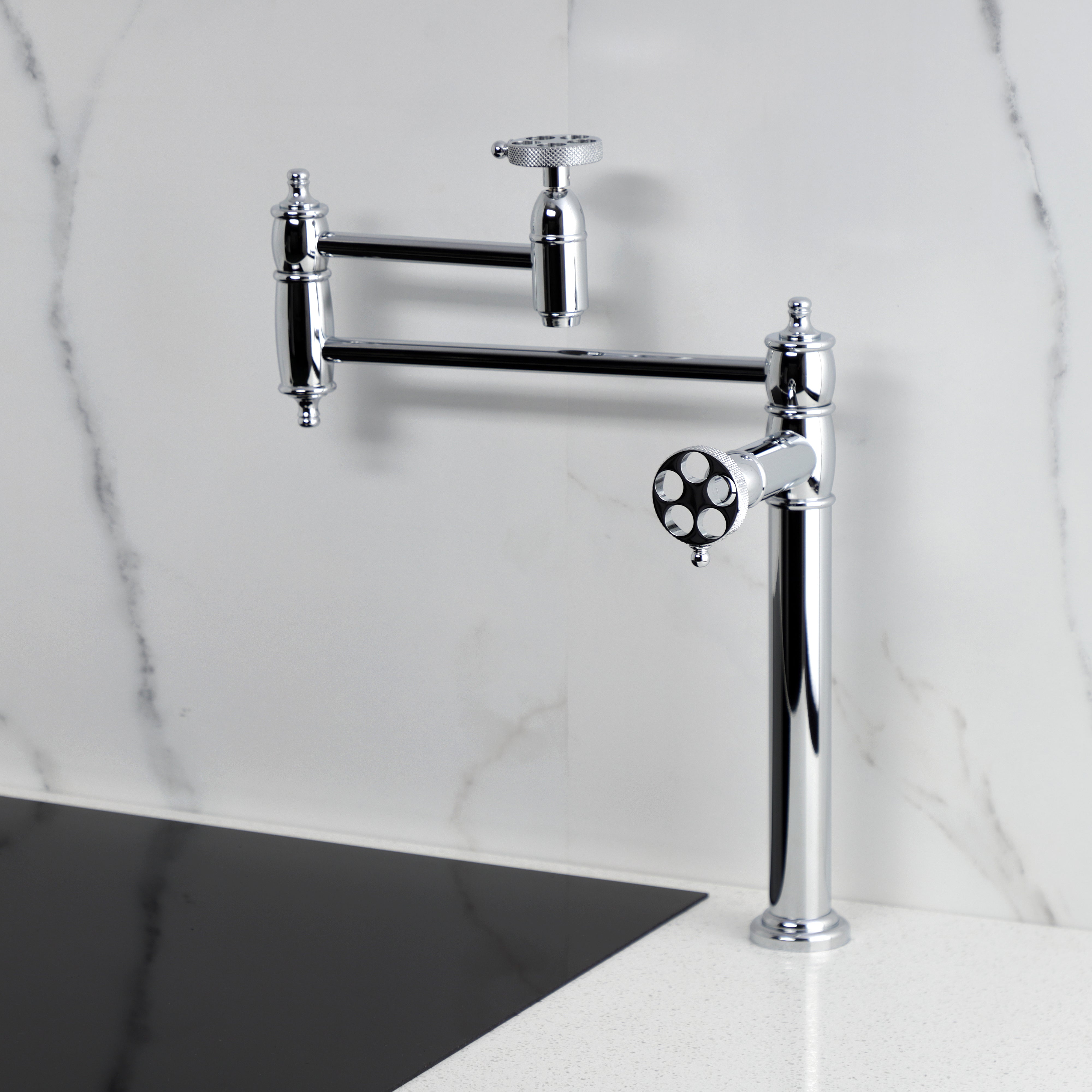 Kingston Brass KS3703RKX Webb Deck Mount Pot Filler Faucet with Knurled Handle, Antique Brass