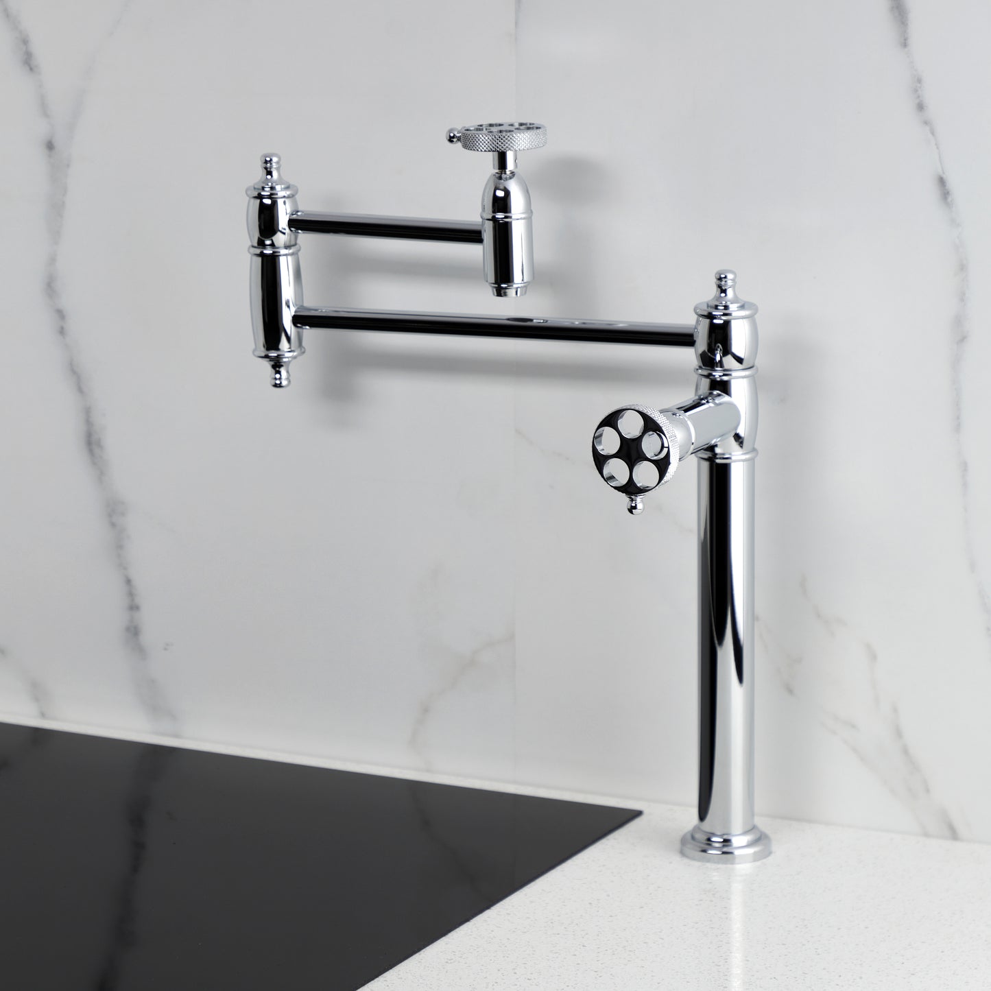 Kingston Brass KS3703RKX Webb Deck Mount Pot Filler Faucet with Knurled Handle, Antique Brass