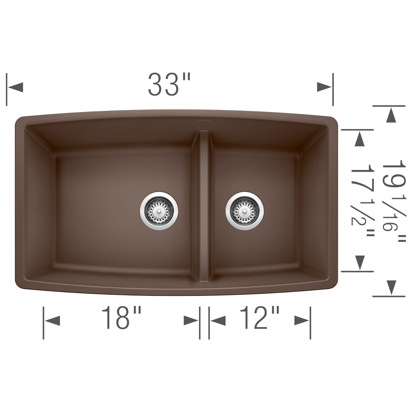 BLANCO Performa SILGRANIT 33" 60/40 Double Bowl Undermount Kitchen Sink with Low Divide dimensions and design.