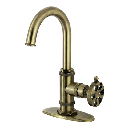 Kingston Brass KSD8503RX Belknap Single-Handle Bar Faucet in Antique Brass finish, high-arc spout design.