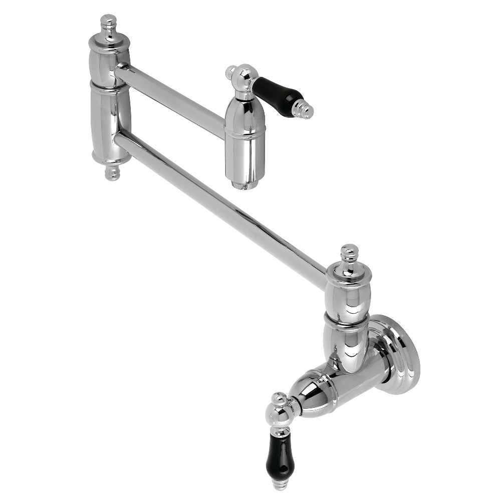 Kingston Brass KS3103PKL Duchess Wall Mount Pot Filler Faucet, Antique Brass with black porcelain handles.