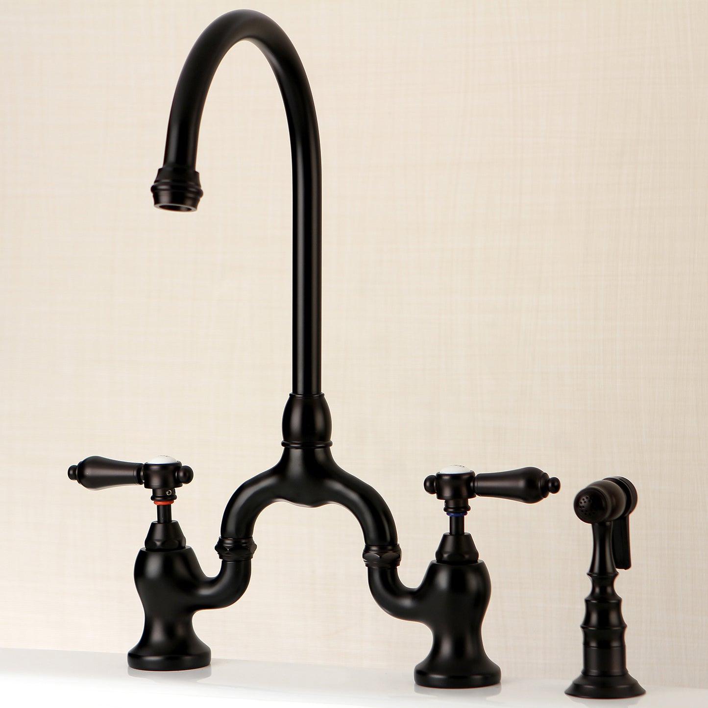Kingston KS7793BALBS Heirloom Bridge Kitchen Faucet with Brass Sprayer, Antique Brass