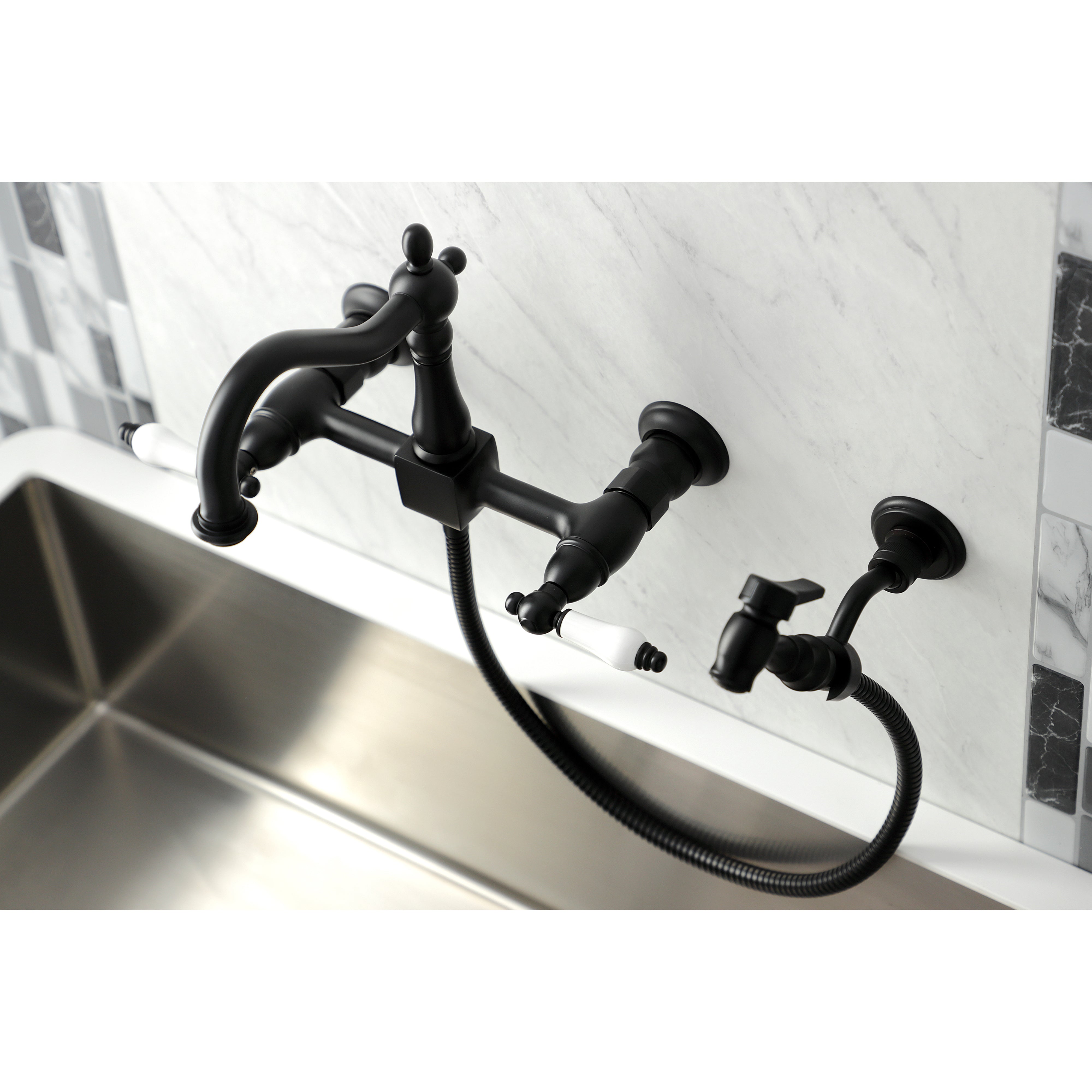 Kingston KS1263PLBS Heritage Two-Handle Wall Mount Bridge Kitchen Faucet with Brass Sprayer, Antique Brass