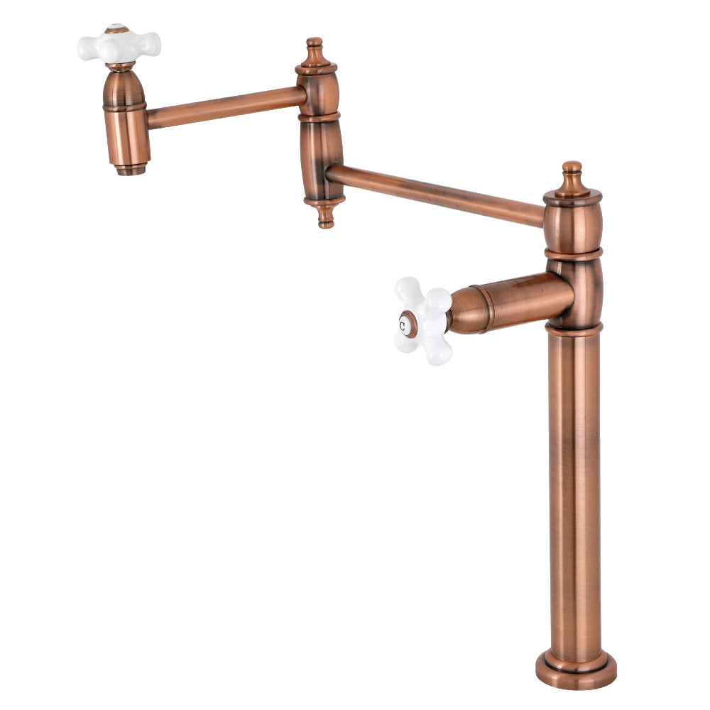 Kingston Brass KS370PXAC Restoration Deck Mount Pot Filler Faucet, Antique Copper with white ceramic handles.