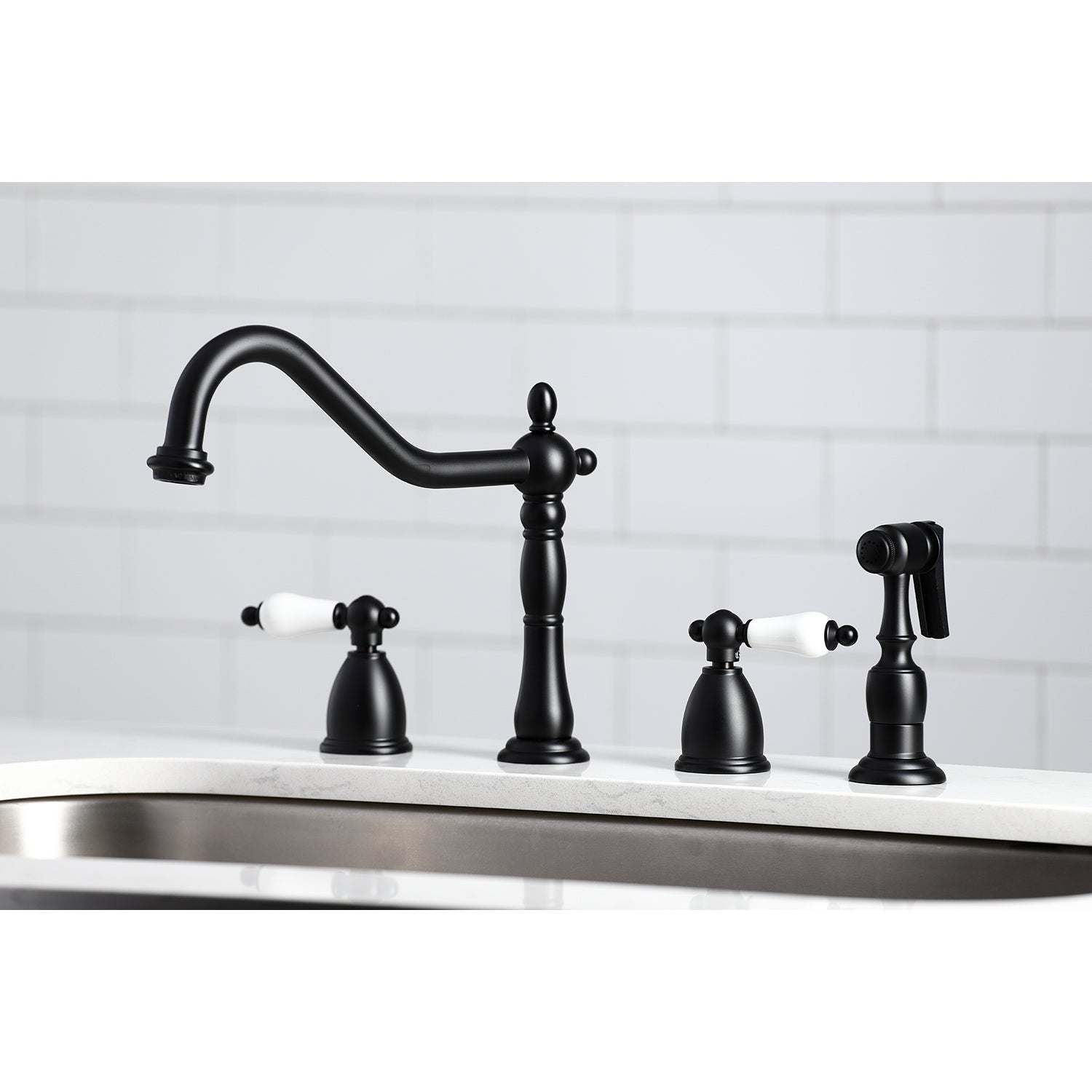 Kingston Brass KB1793PLBS Heritage Double-Handle Widespread Kitchen Faucet with Brass Sprayer, Antique Brass