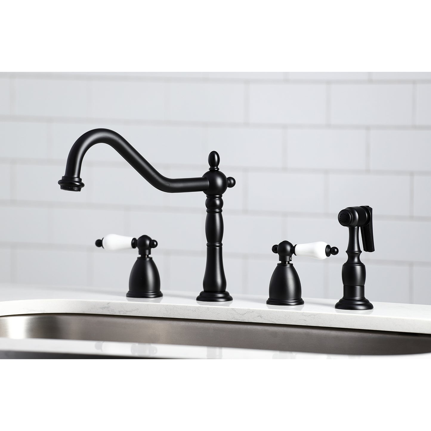 Kingston Brass KB1793PLBS Heritage Double-Handle Widespread Kitchen Faucet with Brass Sprayer, Antique Brass