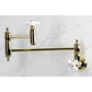 Kingston Brass KS310PXAC Restoration Wall Mount Pot Filler Faucet, Antique Copper on a marble surface.
