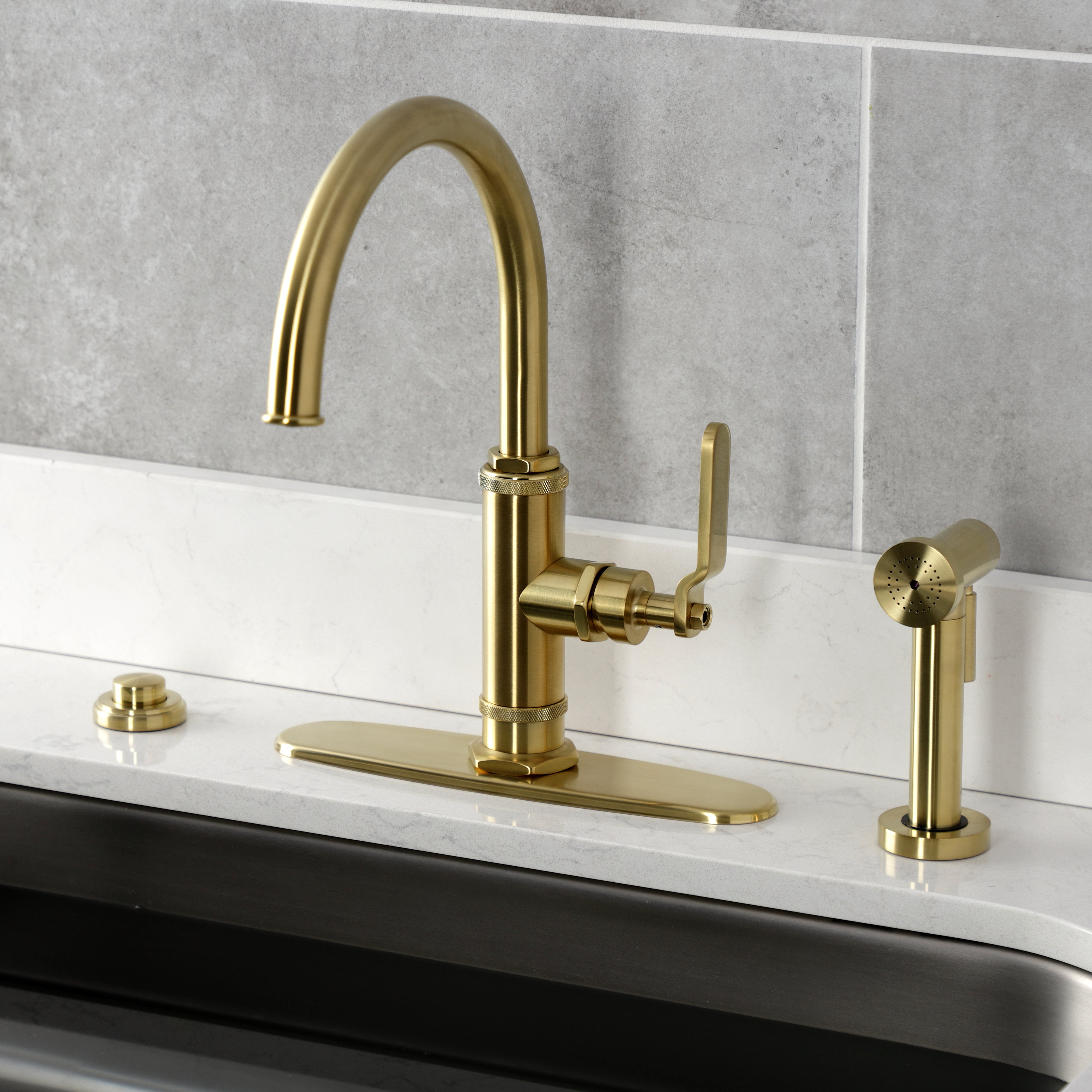 Kingston Brass KS2433KL Whitaker Single-Handle Kitchen Faucet with Brass Side Sprayer, Antique Brass
