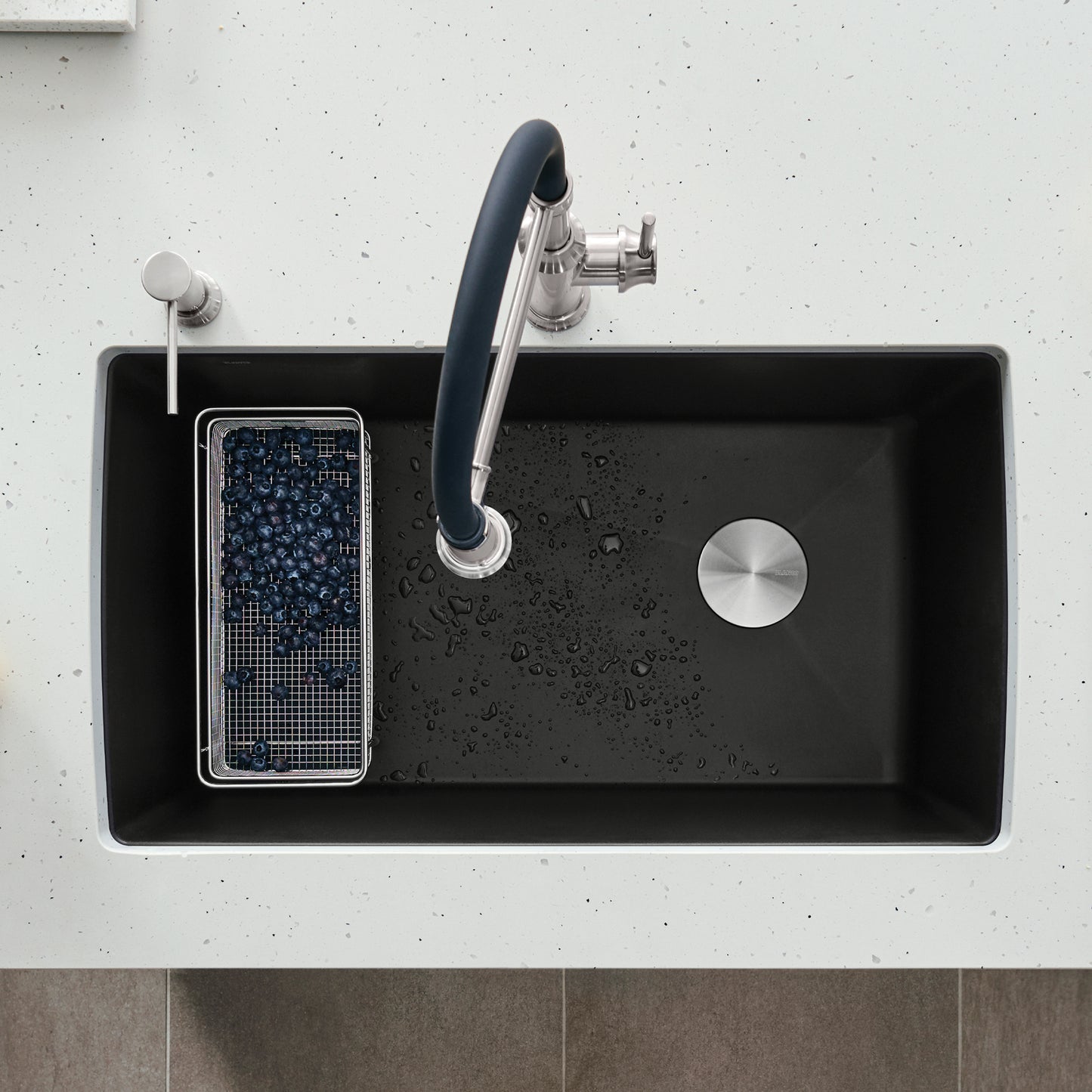 BLANCO Diamond SILGRANIT 33" Super Single Undermount Kitchen Sink with fresh blueberries in colander