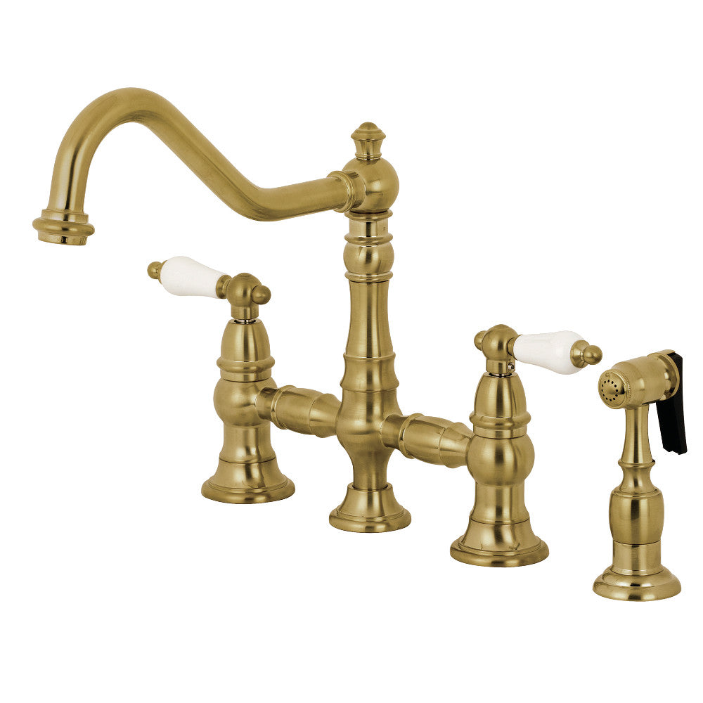 Kingston KS3277PLBS Restoration Bridge Kitchen Faucet with Brass Sprayer, Brushed Brass