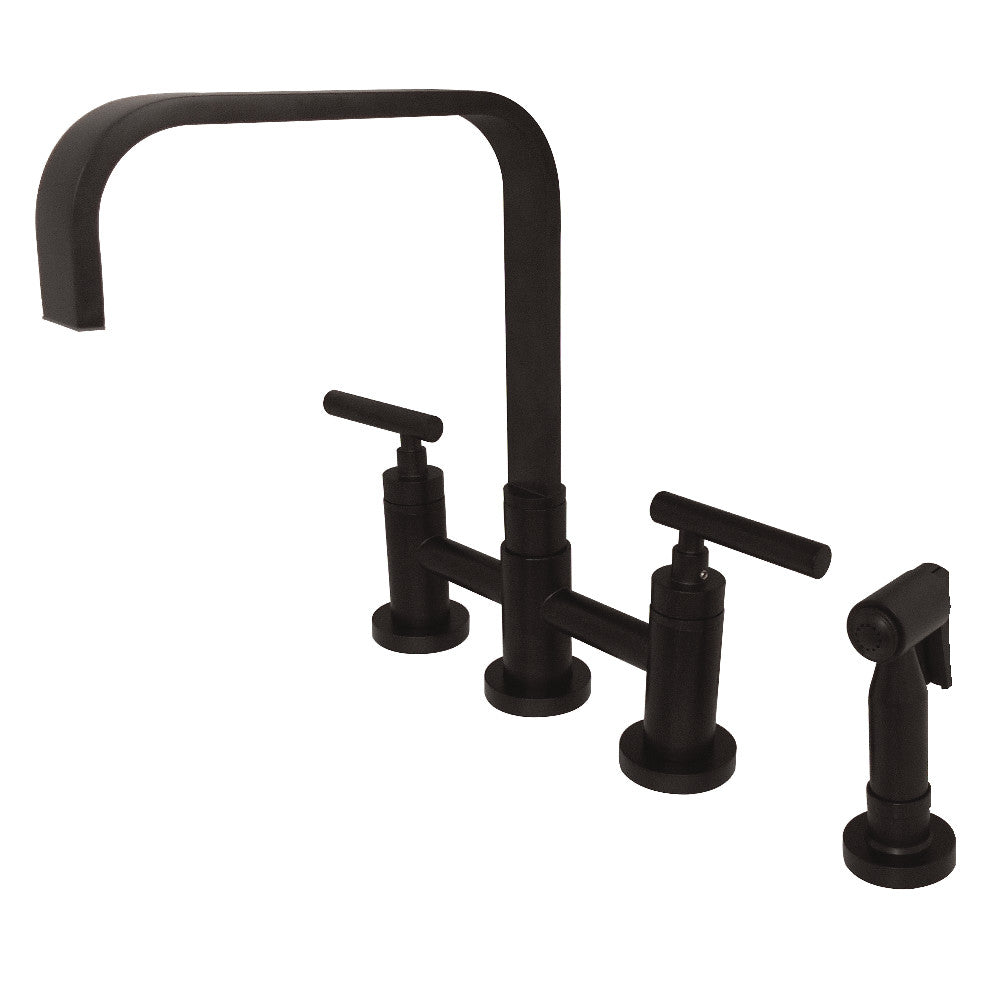 Kingston KS8257CMLBS Manhattan Bridge Kitchen Faucet with Brass Sprayer, Brushed Brass in oil rubbed bronze finish.