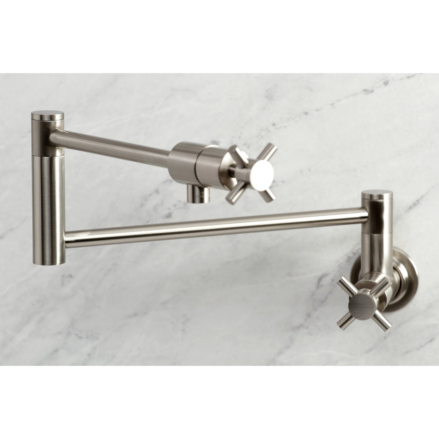 Kingston Brass KS4103DX Concord Wall Mount Pot Filler Faucet, Antique Brass close-up view with cylindrical design.