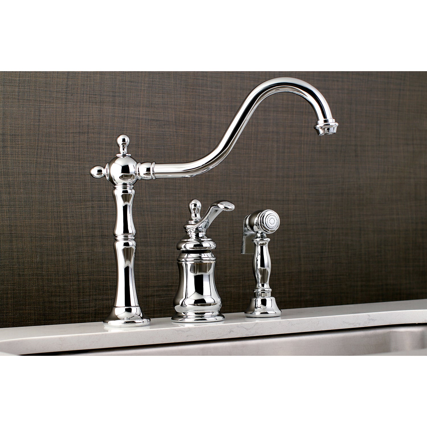 Kingston Brass KS7808TPLBS Templeton Single-Handle Widespread Kitchen Faucet with Brass Sprayer, Brushed Nickel
