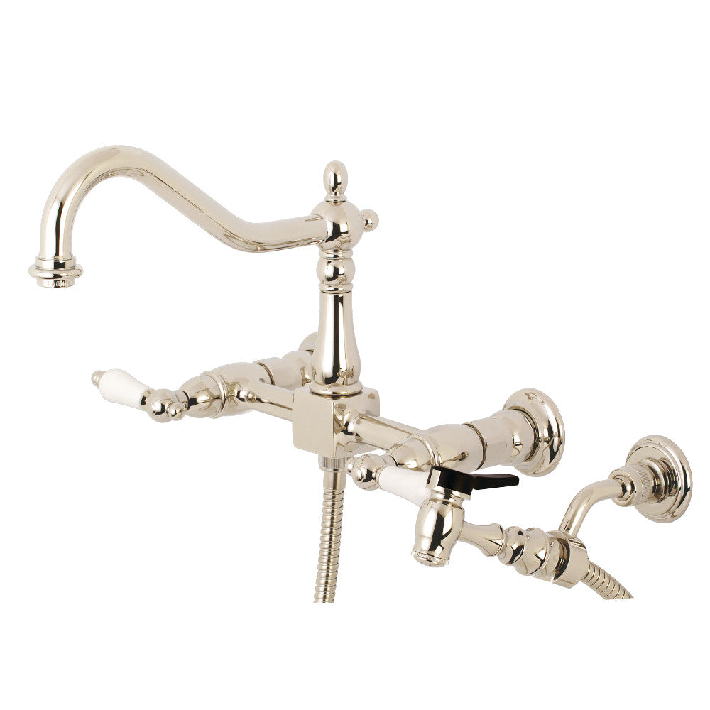 Kingston KS1243PLBS Heritage Two-Handle Wall Mount Bridge Kitchen Faucet with Brass Sprayer, Antique Brass.