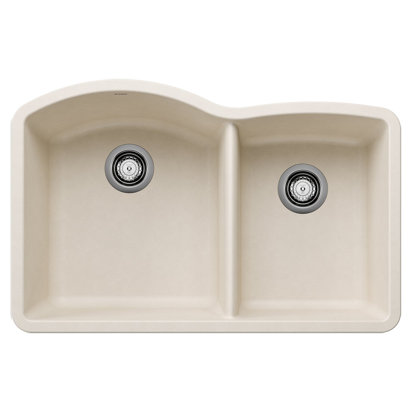 BLANCO Diamond SILGRANIT 32" 60/40 Double Bowl Undermount Kitchen Sink in beige with asymmetrical bowl design.