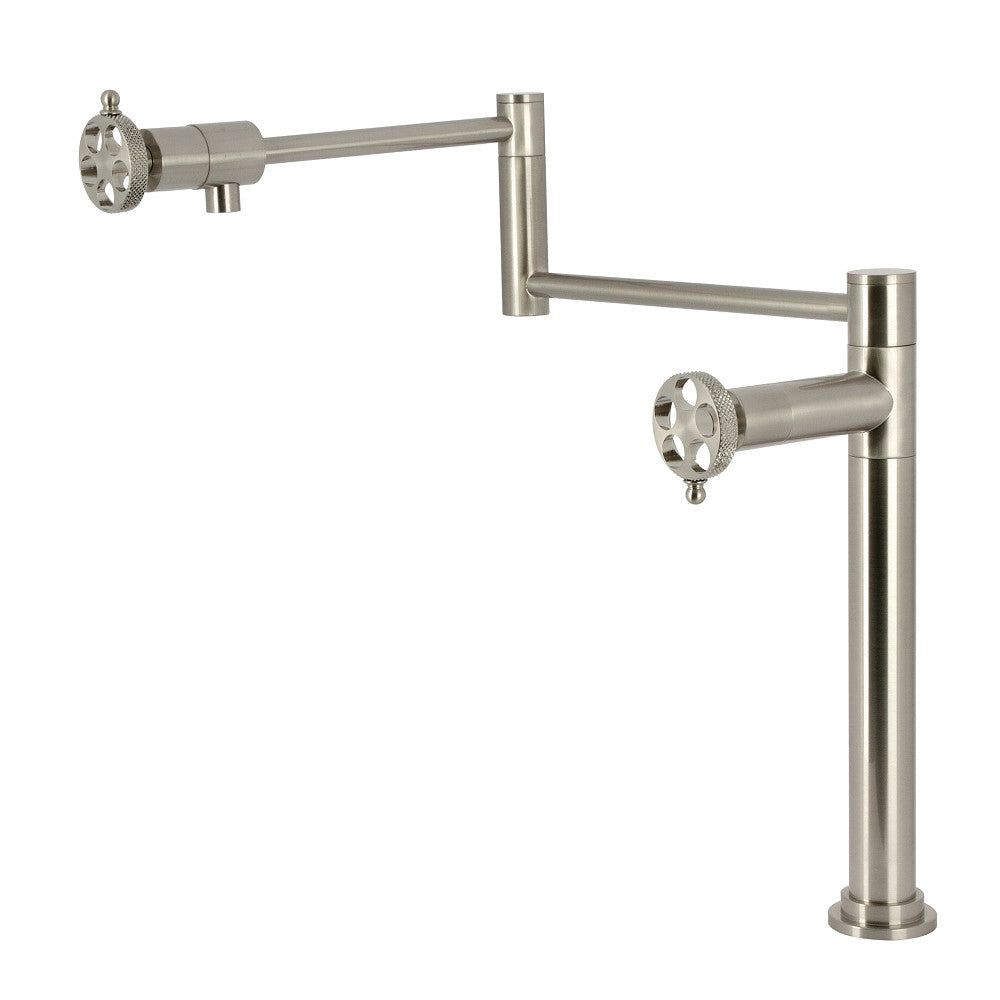 Kingston Brass KS4703RKX Webb Deck Mount Pot Filler Faucet with Knurled Handle, Antique Brass in brushed nickel finish