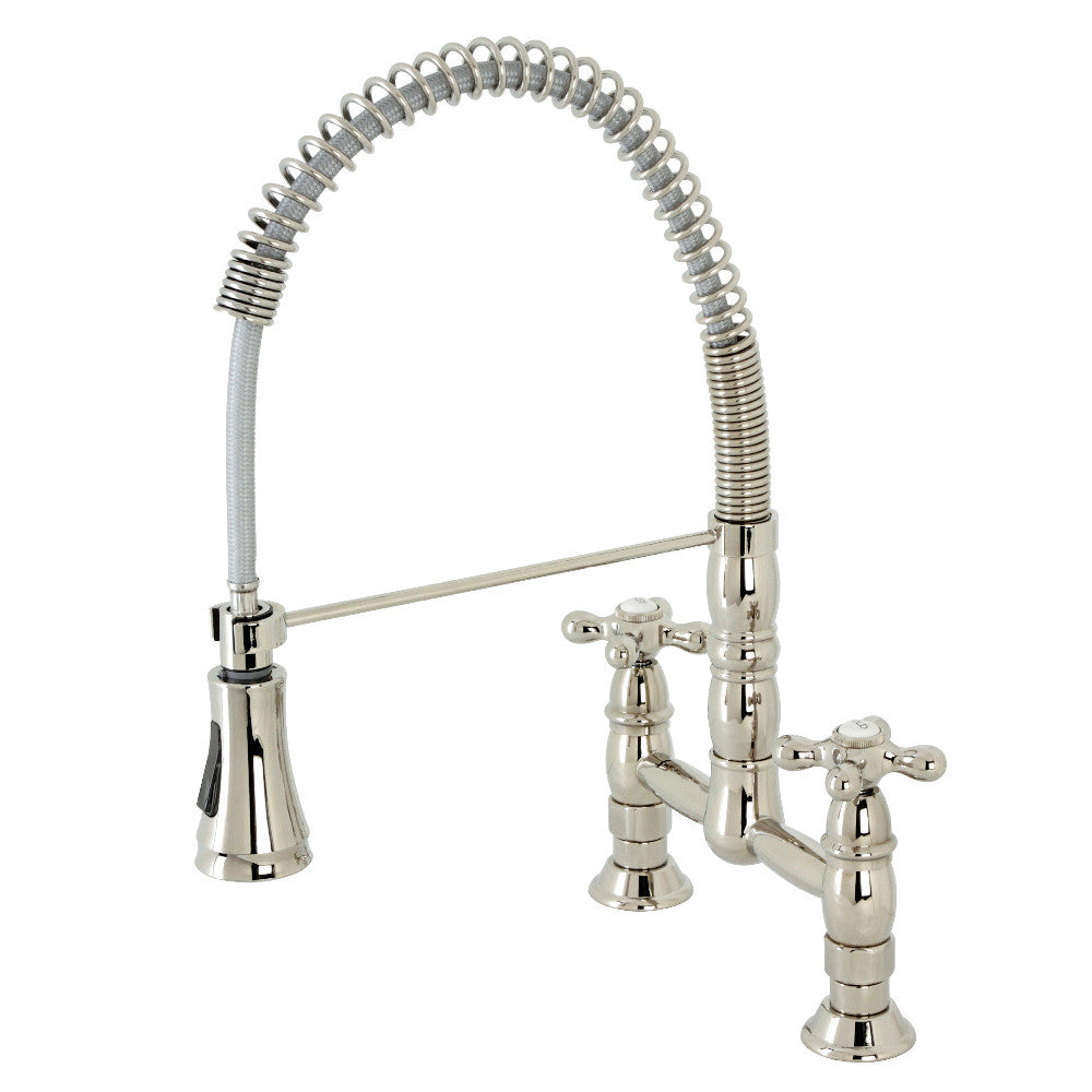 Gourmetier GS1273AX Heritage Double-Handle Deck-Mount Pre-Rinse Bridge Kitchen Faucet, Antique Brass in polished nickel finish.