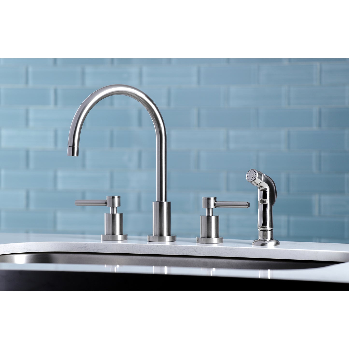 Kingston Brass KS8728DL Concord Double-Handle Widespread Kitchen Faucet with Plastic Sprayer, Brushed Nickel