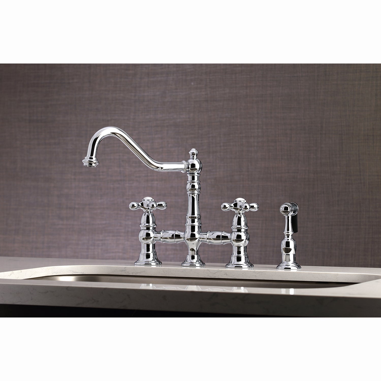 Kingston KS3277AXBS Restoration Bridge Kitchen Faucet with Brass Sprayer, Brushed Brass in a modern kitchen setting